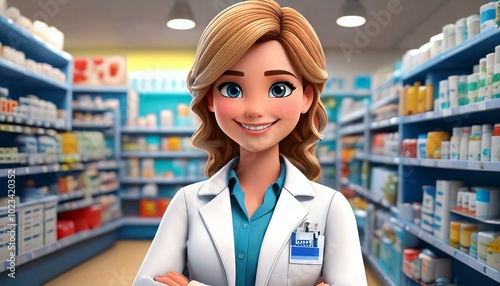 3D cartoon character pharmacist with drug store background, woman