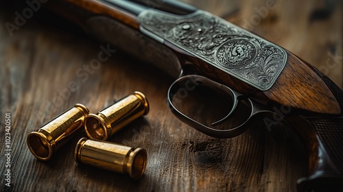Vintage Engraved Shotgun and Bullets on Wooden Table, Hunting Gear, Generated AI
