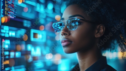 Woman with futuristic data glasses in digital realm.