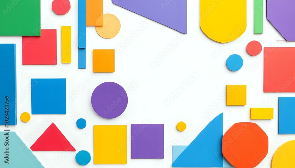Fototapeta premium Vibrant Geometric Abstract Art - Yellow, Blue, Purple, Red & Green Shapes on White Background (16:9)