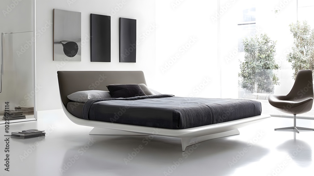 A contemporary platform bed with minimalist design and sleek, modern bedding in a bright room A contemporary platform bed with minimalist design and sleek, modern bedding in a bright room