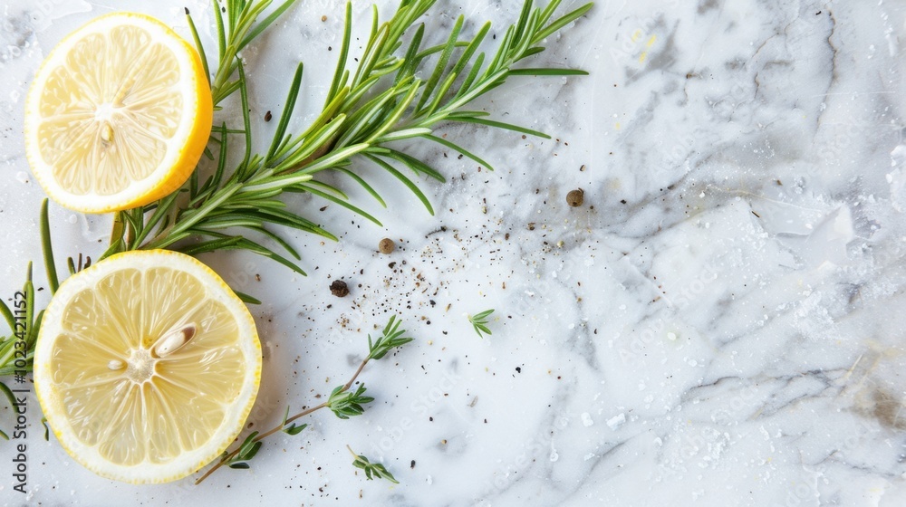 Fresh Lemons and Herbs on Marble Surface Fresh Lemons and Herbs on Marble Surface