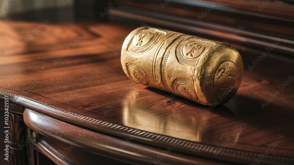 Antique gold ingot on a polished wooden desk Antique gold ingot on a polished wooden desk