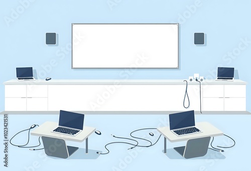 Modern Home Office with Wooden Desks and Blue Walls