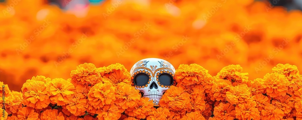 An artistic display of a decorated skull amidst vibrant marigold flowers, symbolizing Dia de los Muertos celebrations. An artistic display of a decorated skull amidst vibrant marigold flowers, symbolizing Dia de los Muertos celebrations.