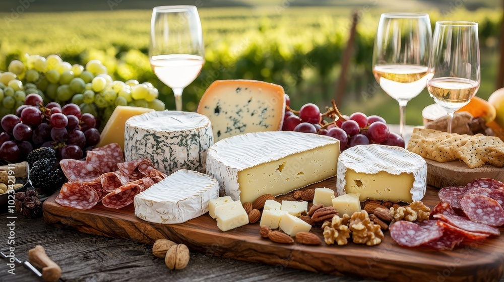 Elegant Cheese Board Setup with Wine and Grapes Elegant Cheese Board Setup with Wine and Grapes