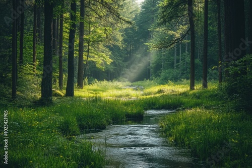 nature scene with stream, peaceful meadow near dense forest with winding streams and lush greenery, perfect for a nature scene add text