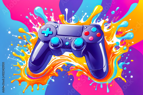 illustration of game controller and liquid splashing on the abstract background.	