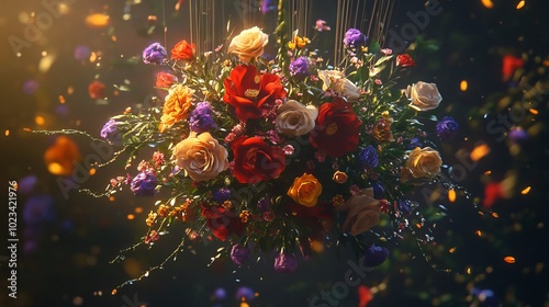 Floating Bouquet of Vibrant Flowers in Dreamy Light, Floral Fantasy, Generated AI