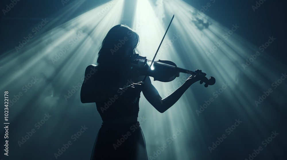 Fototapeta premium Silhouetted Violinist Performing on Darkened Stage Under Spotlight
