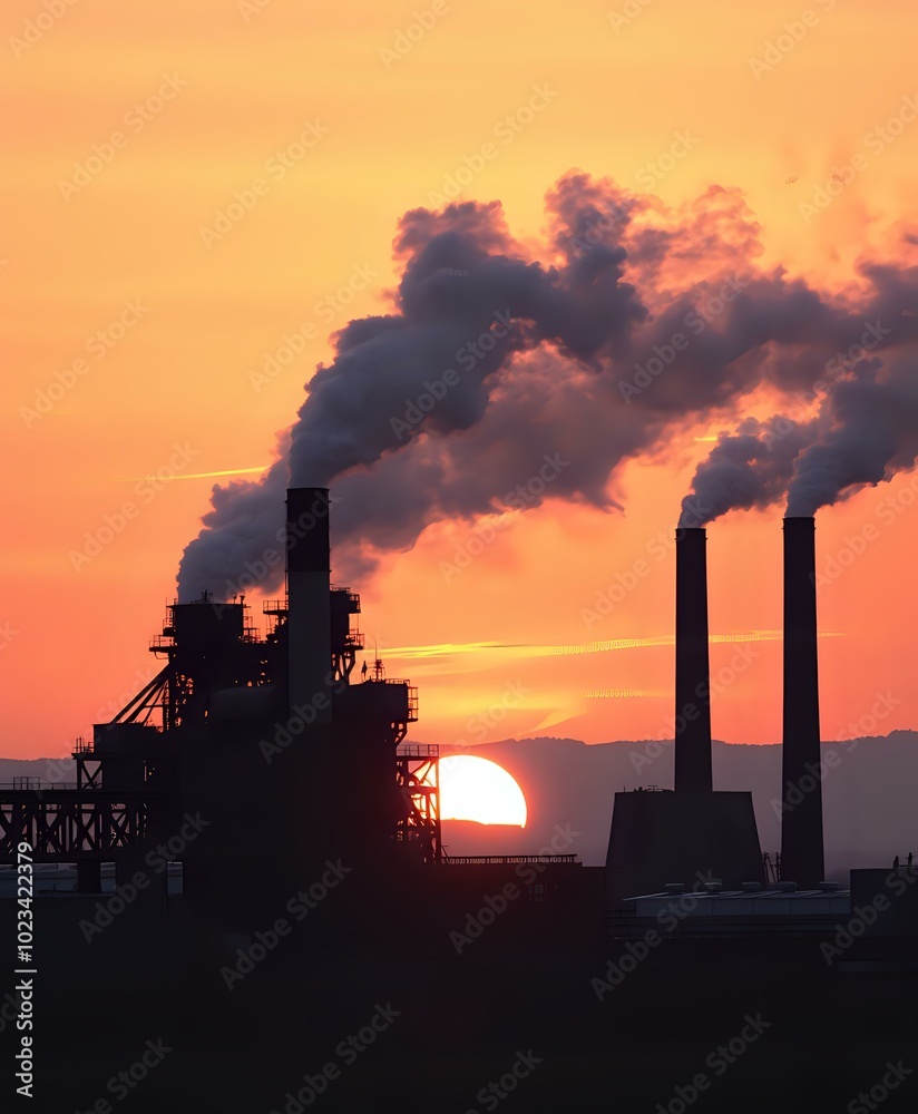 Industrial Sunset with Smokestack Emissions Industrial Sunset with Smokestack Emissions