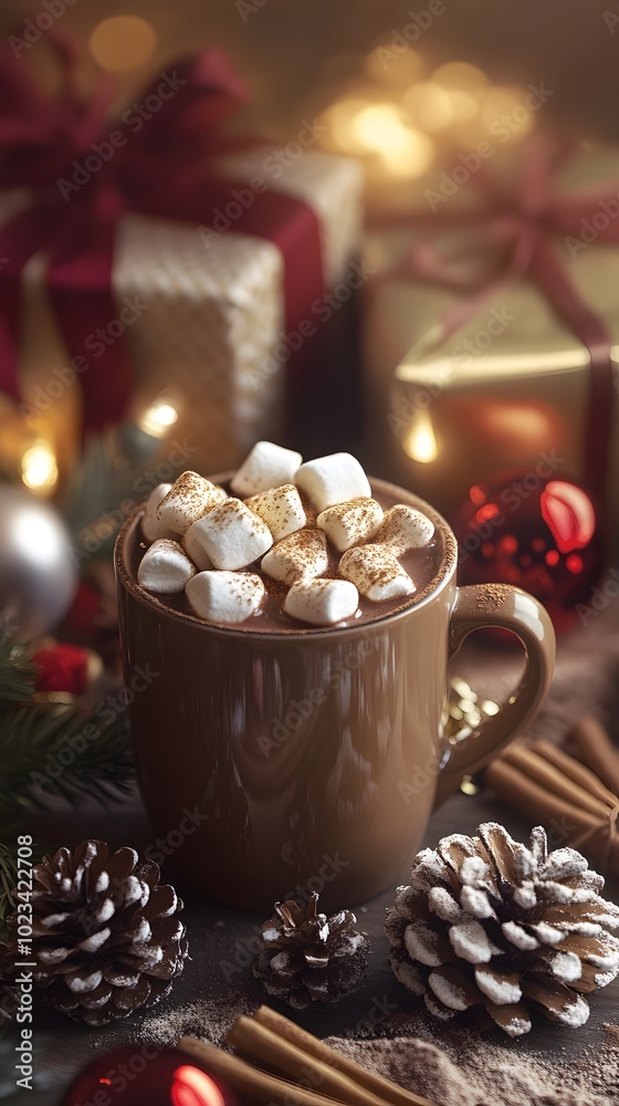 A cup of hot chocolate with marshmallows, surrounded by Christmas decorations A cup of hot chocolate with marshmallows, surrounded by Christmas decorations