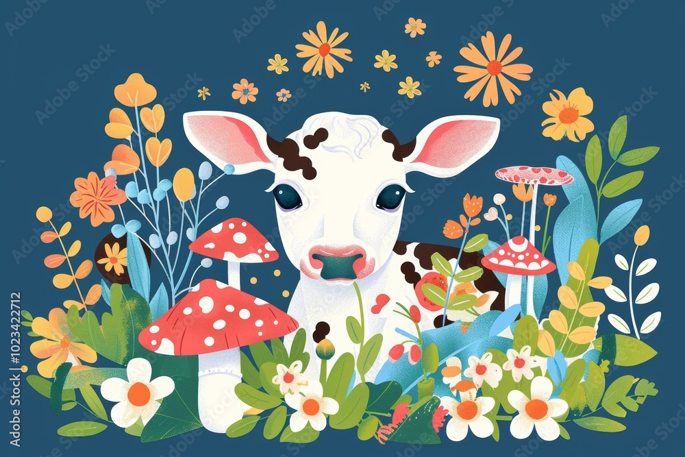 Naklejka premium Whimsical calf in a floral wonderland with mushrooms