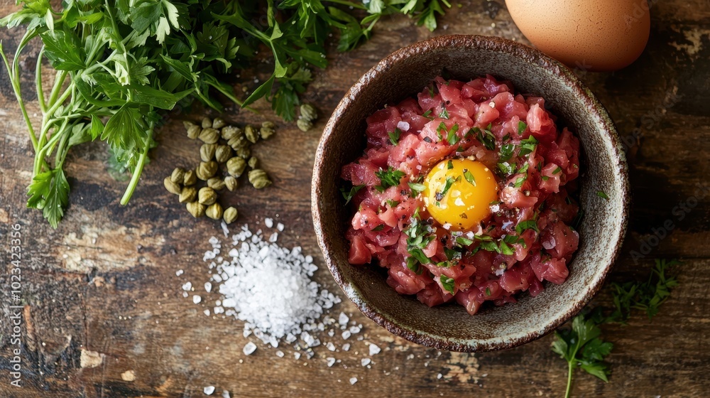 Fresh Beef Tartare Preparation with Ingredients Fresh Beef Tartare Preparation with Ingredients