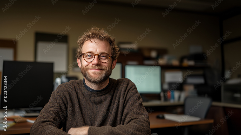 A man wearing glasses and a brown sweater is smiling at the camera A man wearing glasses and a brown sweater is smiling at the camera
