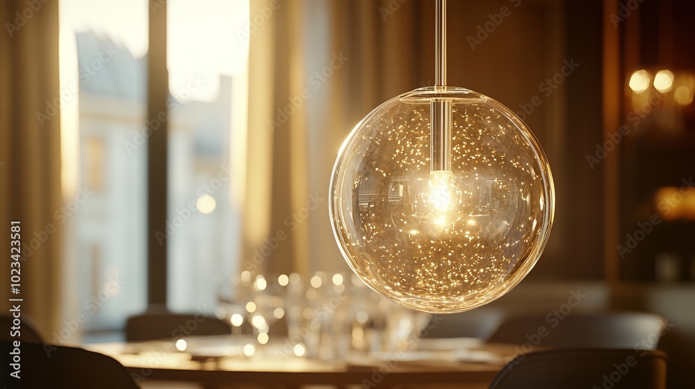 Modern Glass Pendant Light in Cozy Interior, Warm Lighting with Contemporary Design, Generated AI Modern Glass Pendant Light in Cozy Interior, Warm Lighting with Contemporary Design, Generated AI