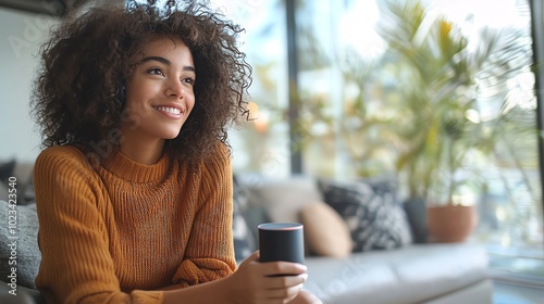 A young woman using a voiceactivated device to communicate with her friend remotely photo