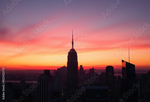 Stunning City Skyline at Sunset with Tallest Building - Deep Orange Sky