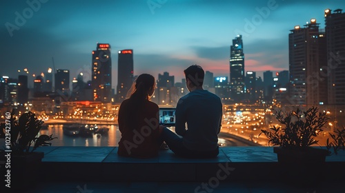 Couple sitting on a rooftop terrace, streaming a video on their tablet, relaxed and intimate atmosphere with a stunning night sky and city skyline in the background photo