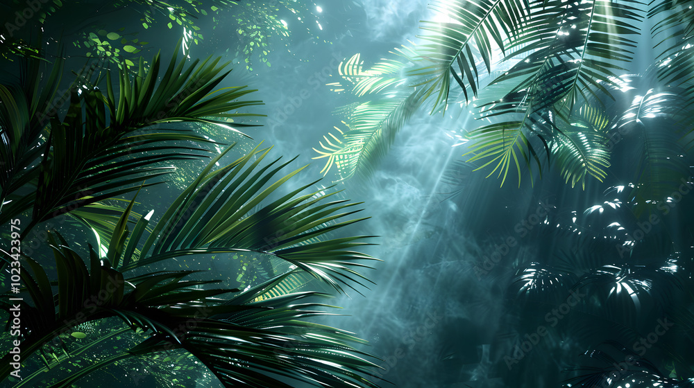 Quantum palm archive, binary light through frond patterns, aqua bioluminescent air plants processing data, quantum-state tropical birds, ocean mist probabilities, photorealistic trunk textures, digita Quantum palm archive, binary light through frond patterns, aqua bioluminescent air plants processing data, quantum-state tropical birds, ocean mist probabilities, photorealistic trunk textures, digita