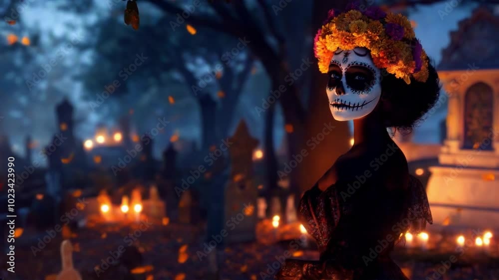 Elegant Katrina in a candlelit cemetery, honoring the dead with marigolds and flickering candles. Perfect for Halloween and Día de los Muertos, capturing the spirit of the holiday