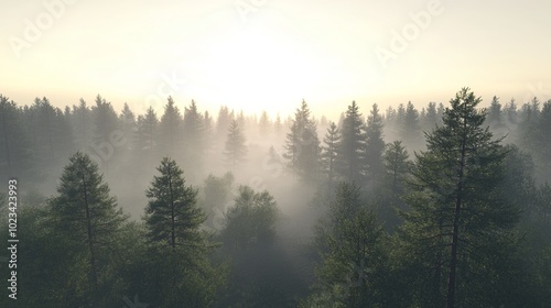 Aerial View of Misty Forest at Sunrise, Serene Woodland with Morning Fog, Tranquil Nature Landscape, Generated AI