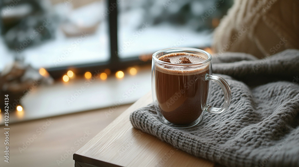 A hot chocolate close-up on a wooden table in front of a bright window with winter landscape view