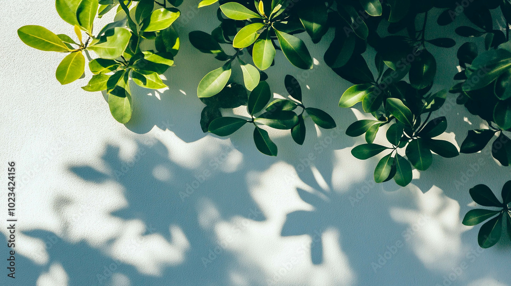 A light green wall close-up with plant shadows A light green wall close-up with plant shadows