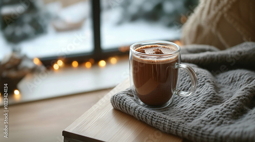 Obraz na płótnie A hot chocolate close-up on a wooden table in front of a bright window with winter landscape view w salonie