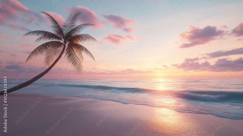 Tropical Beach at Sunset with Palm Tree and Calm Ocean Waves, Peaceful Seaside Landscape, Pink and Purple Sky, Generated AI Tropical Beach at Sunset with Palm Tree and Calm Ocean Waves, Peaceful Seaside Landscape, Pink and Purple Sky, Generated AI