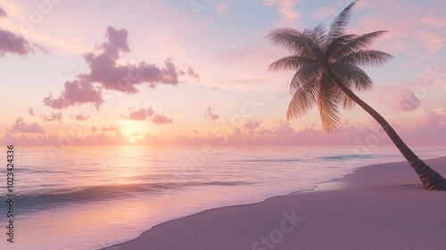Tropical Beach at Sunset with Palm Tree and Calm Ocean Waves, Peaceful Seaside Landscape, Pink and Purple Sky, Generated AI