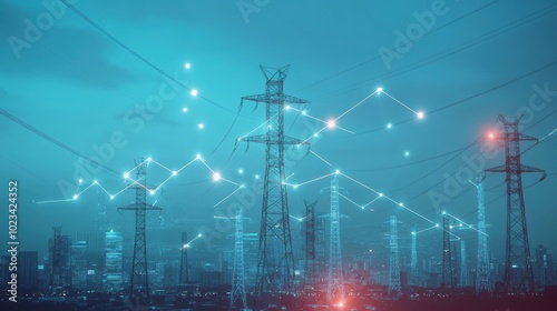 Electricity transmission towers with orange glowing wires the starry night sky. Energy infrastructure concept, energy, electricity, voltage, supply, pylon, technology