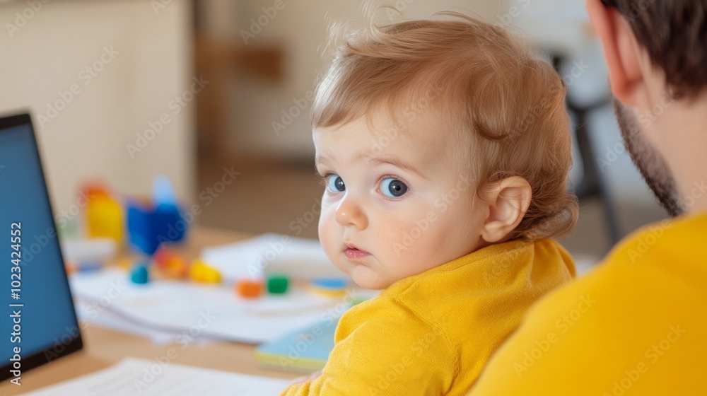A work-from-home scene showing a professional on a video call with a toddler on their lap A work-from-home scene showing a professional on a video call with a toddler on their lap