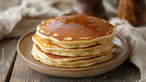 Delicious homemade pancakes on a beige plate close-up