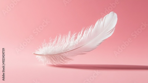 White Feather Floating on Pink Background, Minimalist Design, Lightness and Softness Concept, Generated AI