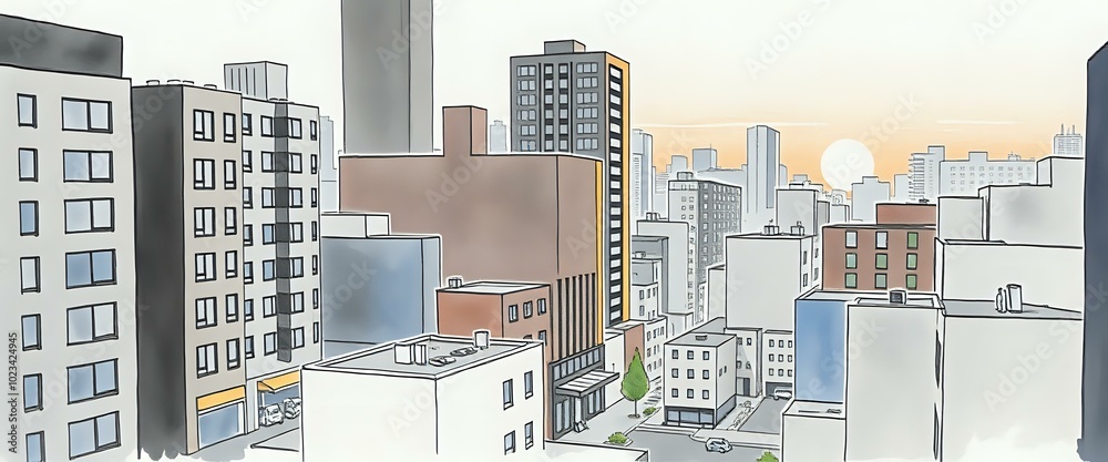Sunset Cityscape: Bustling Street at Twilight Sunset Cityscape: Bustling Street at Twilight