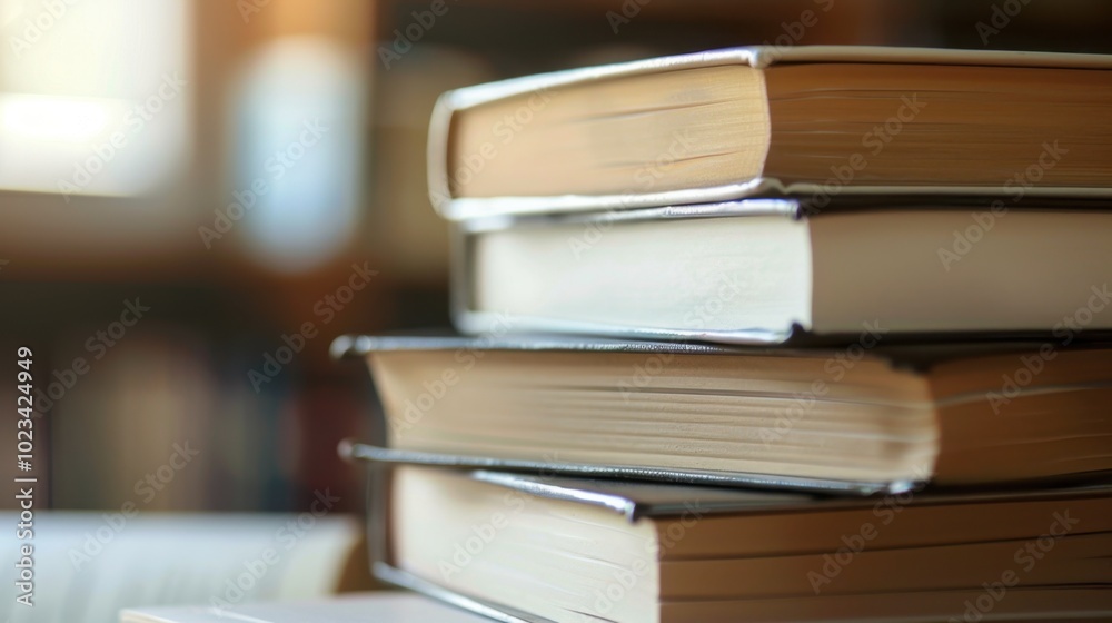 Stacked Books on a Wooden Table in Library Setting Stacked Books on a Wooden Table in Library Setting