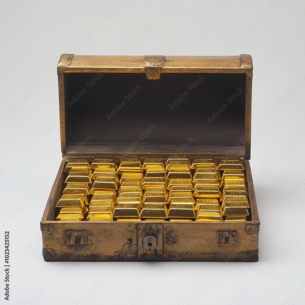 A treasure chest filled with neatly stacked gold bars, placed on a plain white surface A treasure chest filled with neatly stacked gold bars, placed on a plain white surface