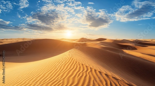 Golden Sand Dunes Under Blue Sky in Desert, Rippling Sand Patterns, Dry Arid Landscape, Generated AI