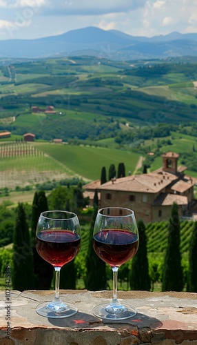 Charming vineyard scene with wine glasses toasting in the lush greenery of the winery