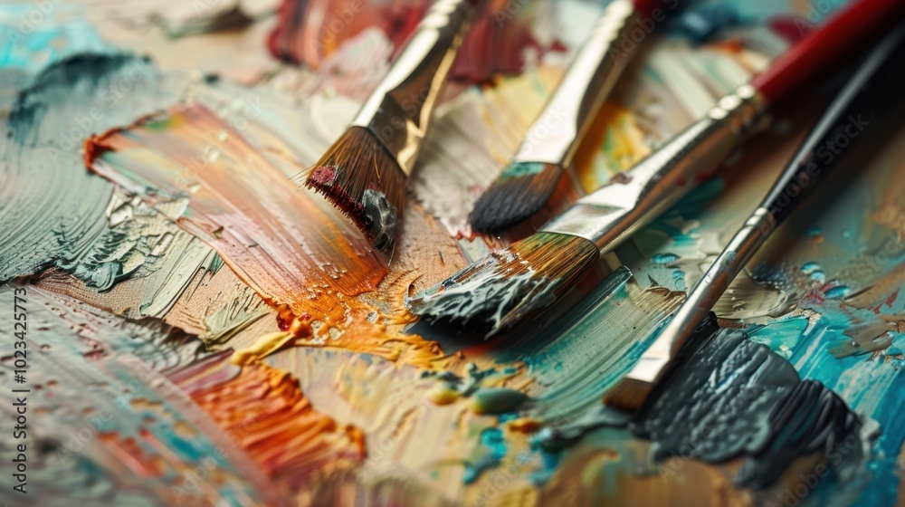 Fototapeta premium Vibrant Palette with Paintbrushes on Canvas