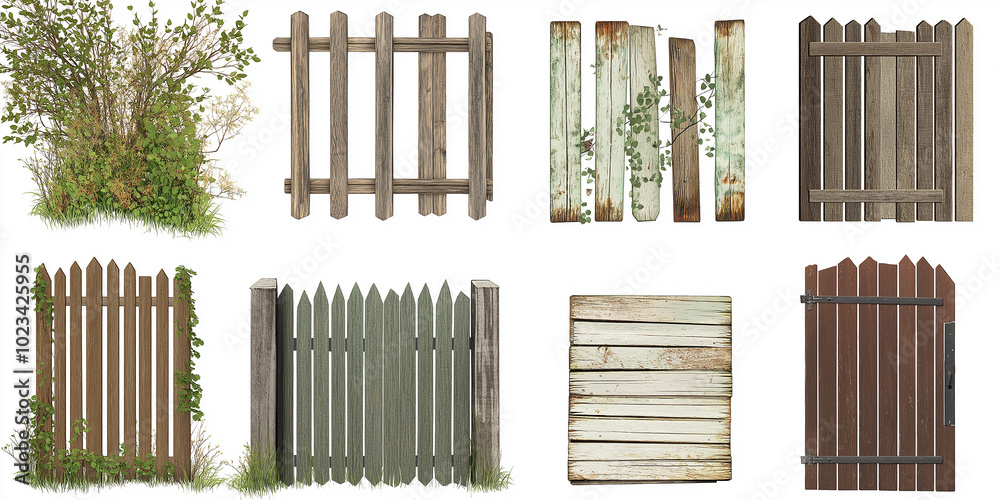 Set of wooden fences with bushes isolated on white background Set of wooden fences with bushes isolated on white background