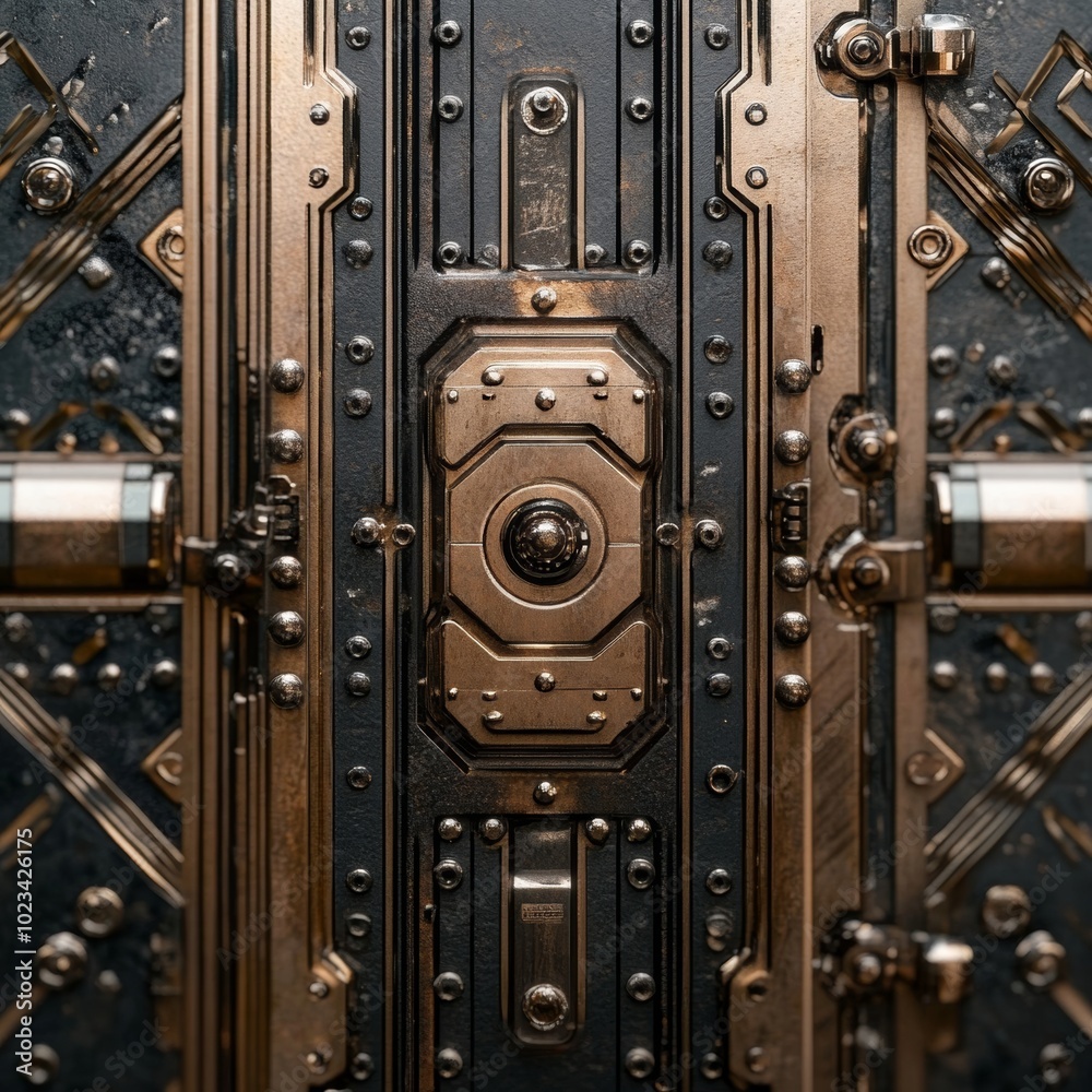 A vault door in close-up, showing intricate metallic details and reflections A vault door in close-up, showing intricate metallic details and reflections