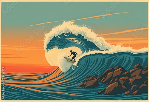 Sunset Surfing: Pro Rider Catching a Monster Wave