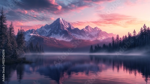 Misty Lake Reflecting Snowy Mountains at Sunrise - Serene Wilderness, Scenic Landscape, Peaceful Nature, Dreamy Sky, Generated AI