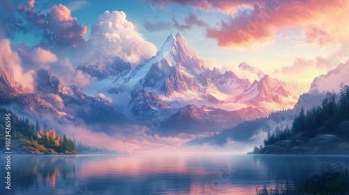 Majestic Snow-Capped Mountain Reflected in Calm Lake at Sunset - Scenic Nature Landscape, Tranquil Wilderness, Dreamy Sky, Generated AI