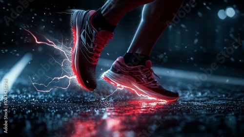 Runner in Motion with High-Tech Running Shoes in Night Rain - Sports and Fitness, Dynamic Action, Athletic Performance, Endurance Training, Generated AI