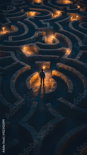 A person standing in the center of an endless maze, surrounded by intricate paths leading to various obstacles