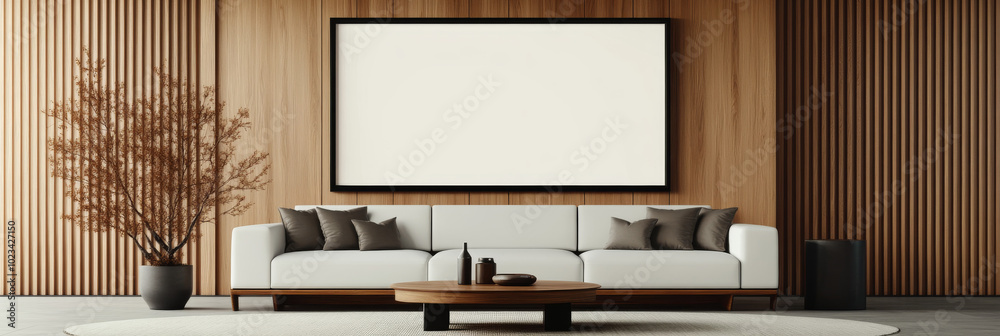 Minimalist living room with a white couch and a large empty frame on the wall. Minimalist living room with a white couch and a large empty frame on the wall.