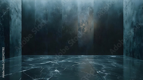 Dark Blue Abstract Background - 3D Rendered Interior Scene with Concrete Walls and Marble Floor